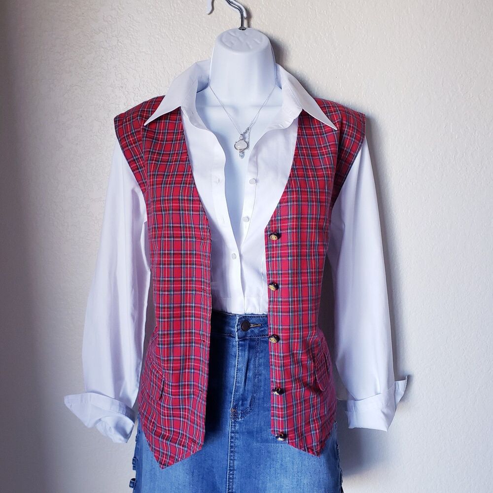 90s Vintage Red and Blue Plaid Cotton Vest